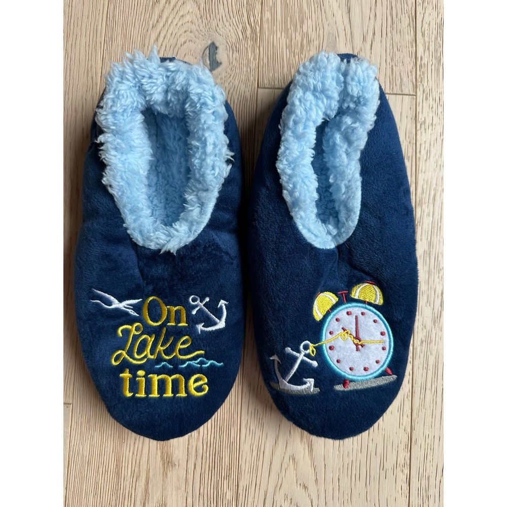 Snoozies On Lake Time Navy Blue Sherpa Lined Non-Skid House Slippers Skinnies